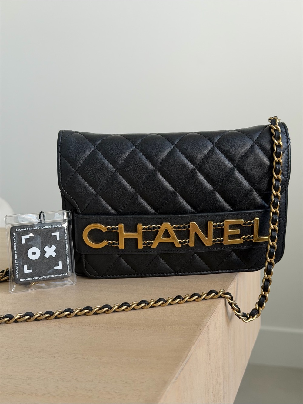 CHANEL Calfskin Quilted Enchained Wallet On
Chain WOC Black